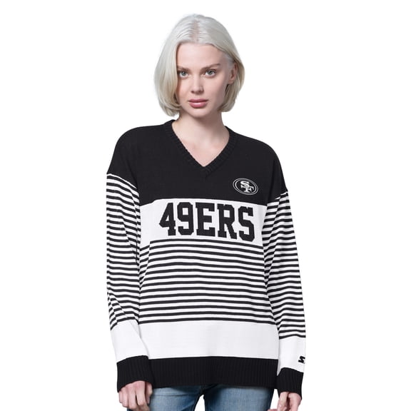 Women's Starter Black San Francisco 49ers No Huddle Striped V-Neck Sweater
