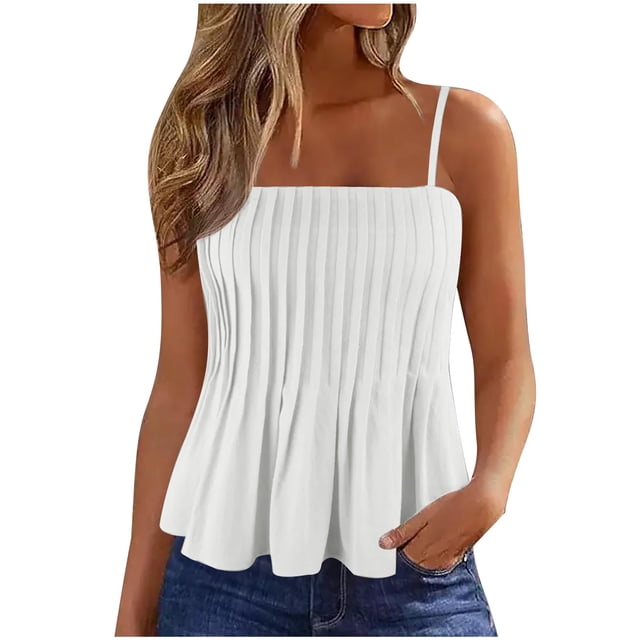 AherBiu Camisole Tops for Women Boho Ruffle Spaghetti Strap Square Neck Sleeveless Ruched Cute Tank Tops