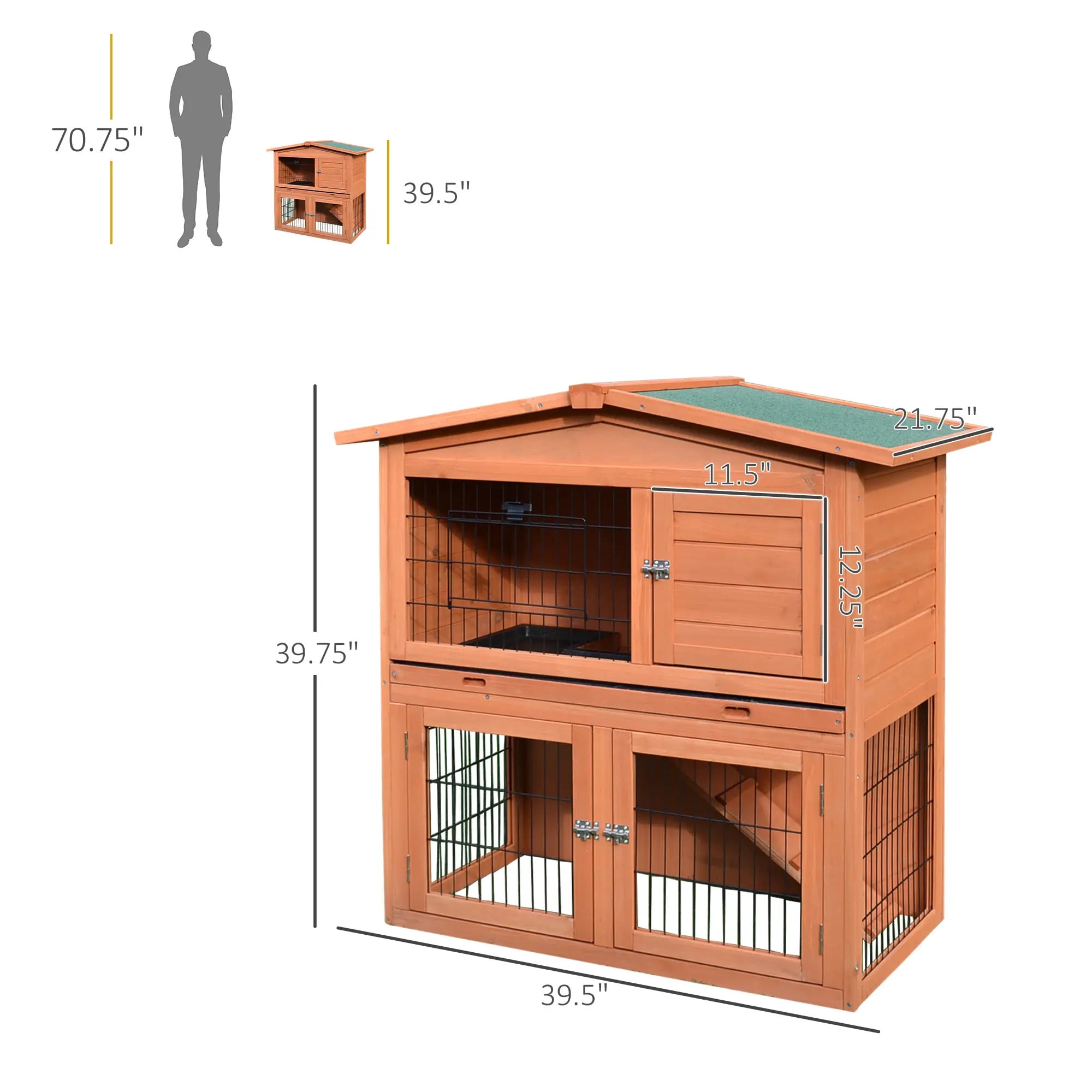 Pefilos 40" Indoor Rabbit Hutch with Run, 2-Story Chicken Coops with Ramp, Pull-Out Tray, Outdoor Bunny Cage for Rabbits or Guinea Pigs, Brown