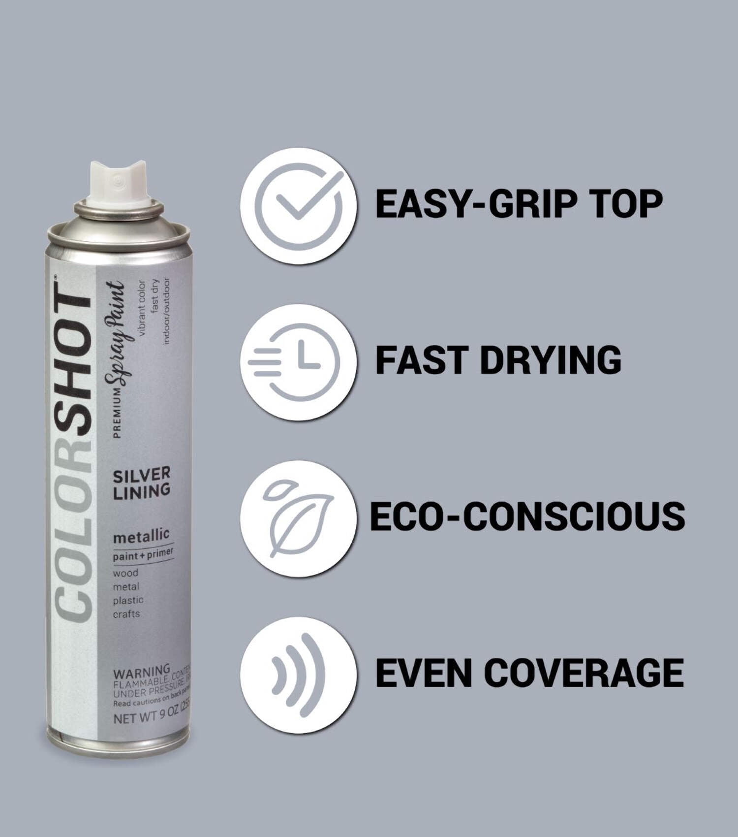 COLORSHOT Metallic Spray Paint, Silver Lining (Silver Metallic) 9 oz. 4 Pack, Fast-Drying Acrylic Paint, Indoor & Outdoor Use