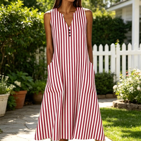 Horkkom Maxi Dresses for Women Sleeveless Striped Print Summer Dresses Casual Loose Long Dresses with Pockets, S-2XL