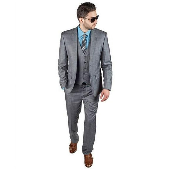 3 Piece Suit Men Plaid Grey Slim Fit Double Vested Notch Lapel