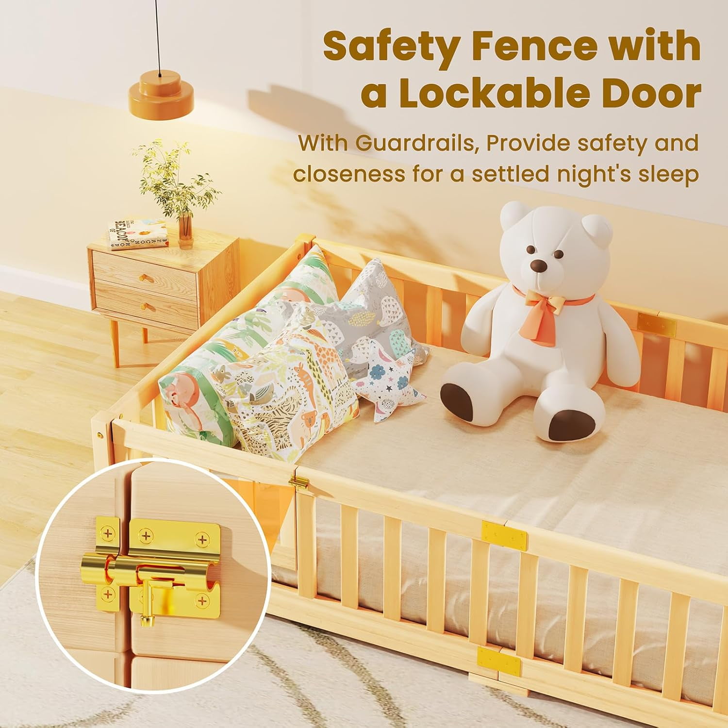 Slsy Montessori Floor Bed for Kids, Solid Wood Toddler Bed Frame w/Convertible Door and Safety Fence, Floor Bed Frame for Children Bedroom, Toddlers, Boys Girls, Kids Playroom, Twin / Full