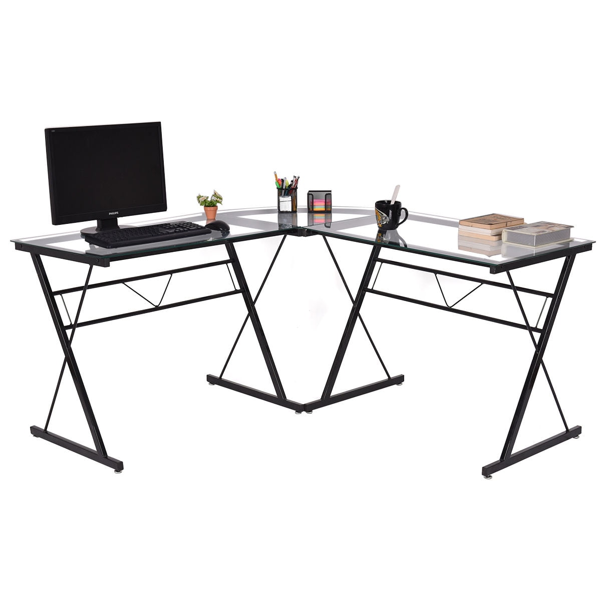 Gymax L Shape Computer Desk Tempered Glass Laptop Table Workstation Corner Home Office
