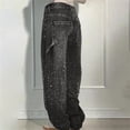 thumbnail image 6 of Women's High Waisted Baggy Jeans, Rhinestone Straight Leg Denim Pants, Loose Fit Casual Jeans for Streetwear, Daily Outfits and Fashion Grey L, 6 of 6