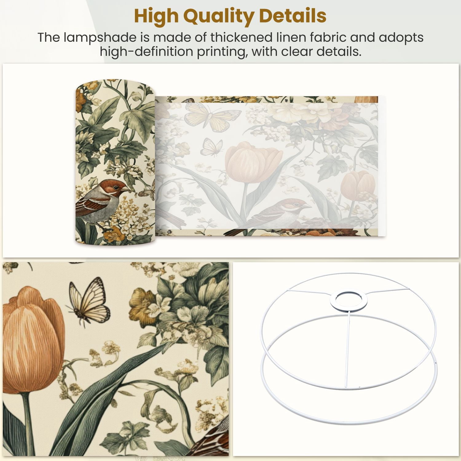 Linen Drum Lampshades Floral Birds Vintage Boho Flower Leaf Beige 13"x13"x10" Light Shade for Table Lamps Floor Lamps Drum Lamp Shades Lampshade Replacement Assembly Required