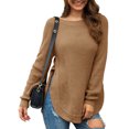 thumbnail image 1 of Suéter de punto para mujer, manga larga, dobladillo dividido, cuello redondo, dobladillo curvado, Top suelto de otoño para invierno, otoño, bronceado claro XL, 1 of 5