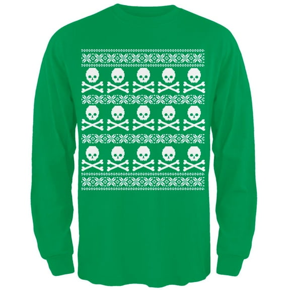 Big Skull And Crossbones Pattern Ugly Christmas Sweater Green Adult Long Sleeve T-Shirt - 2X-Large