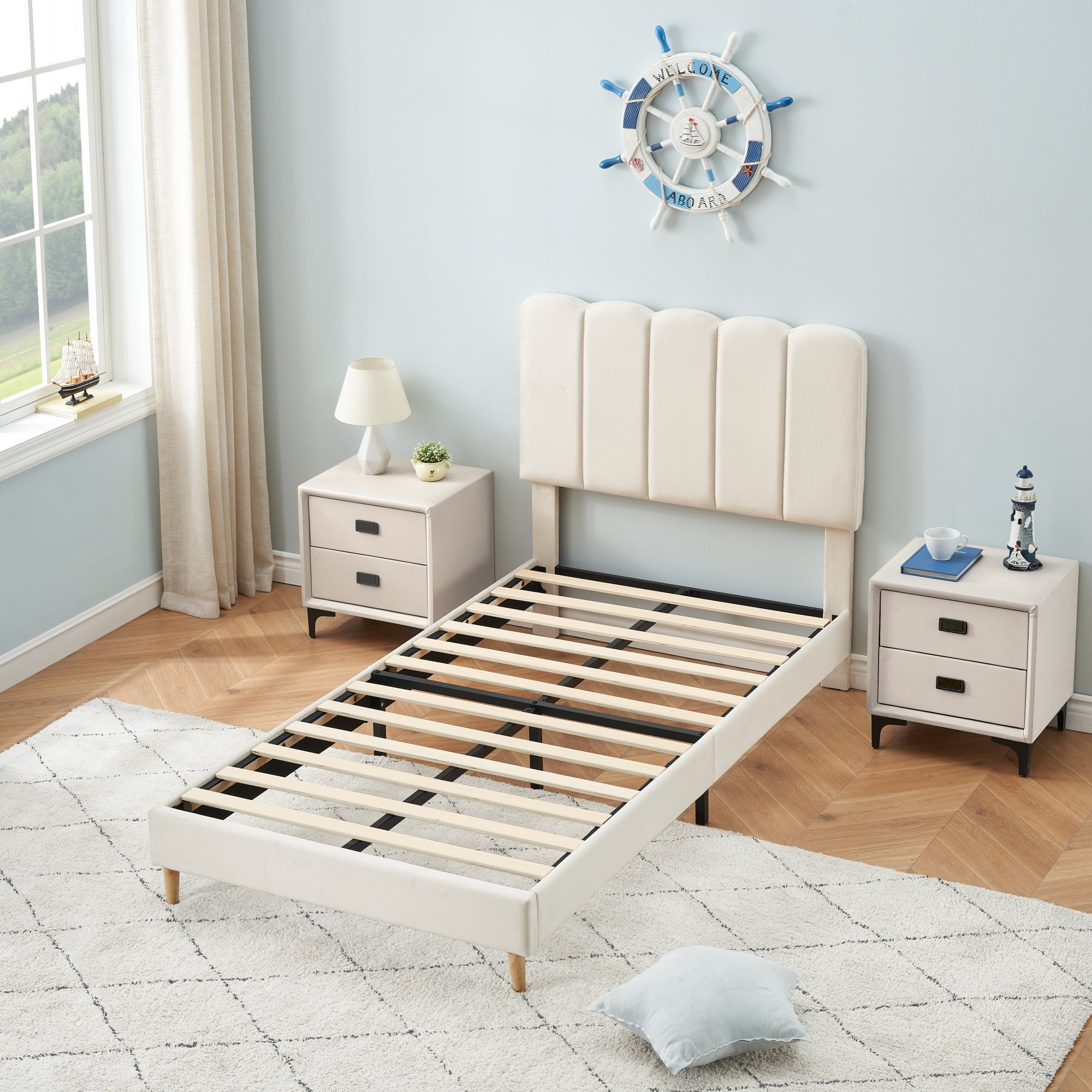 IDEALHOUSE White Twin Bed Frame for Boys & Girls, Velvet Upholstered Platform Bed Frame with Headboard, Strong Wooden Slats, Noise-Free,No Box Spring Needed, Easy Assembly