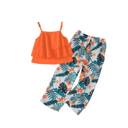 PureChapter Toddler Kid Girls Casual Outfit Ruffle Cami Top & Floral Print Straight Leg Pants (Orange 2-8Y)