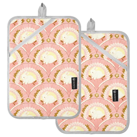 Ryvnso Cute Rabbits Pattern Oven Mitts Heat Resistant Pot Holders Set of 2 Hot Pads