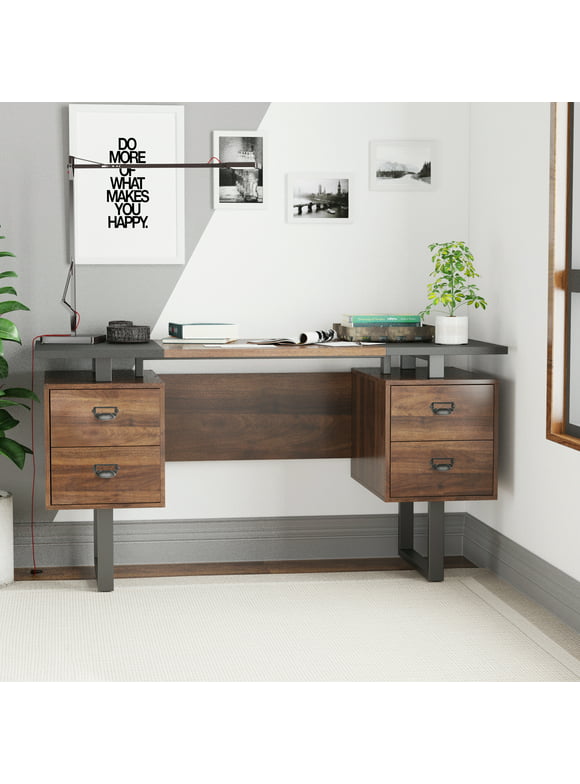 GIA Design Group Writing Desk with 4 Drawers,Computer Table with Metal Frame for Home Office,Brown