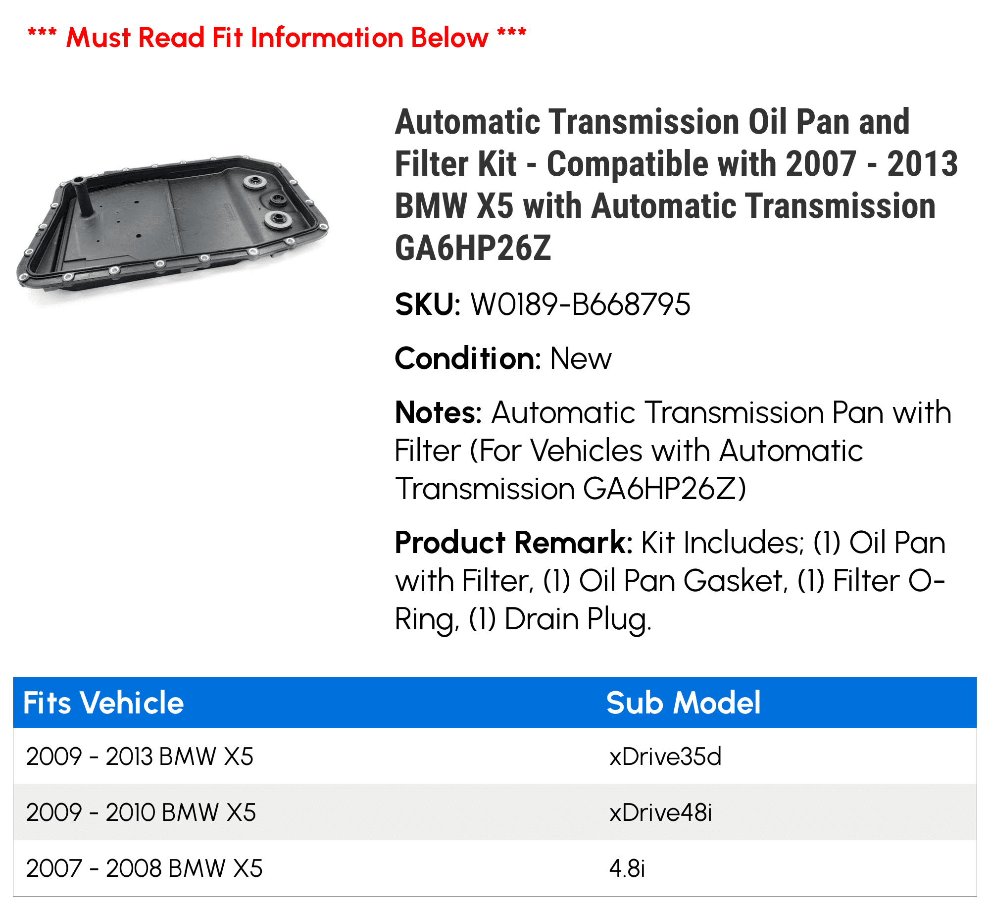 Automatic Transmission Pan and Filter Kit - Compatible with 2007 - 2013 BMW X5 with Automatic Transmission GA6HP26Z 2008 2009 2010 2011 2012