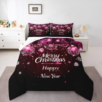 Manfei Cartoon Snowflake Tree Full Size Comforter Sets, Happy New Year Bedding Comforter Set, Pink Christmas Ball Reversible Bedding Sets, Super Cozy Room Decor, 3-Piece