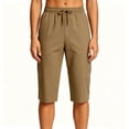 thumbnail image 2 of Women's Summer Casual Shorts, Mid Waist Knee Length with Pockets, Solid Color Soft Cotton Shorts, Daily Fashion Lounge Shorts, Womens Casual | TruHer,Khaki L, 2 of 6