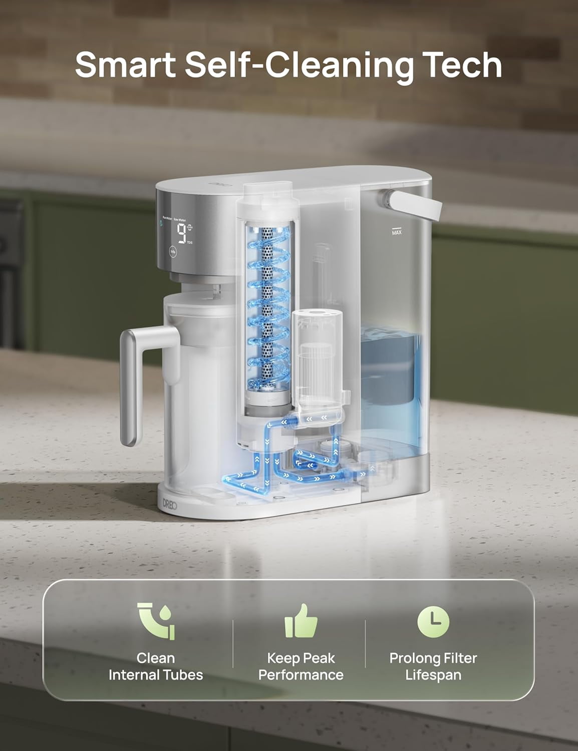 DREO Countertop Reverse Osmosis Water Filter System, 7-in-1 RO Filtration System, 3:1 Pure to Drain, TDS & Filter Life & Autofill Pitcher, Installation-Free, Self-Cleaning Water Purifier,3L, White