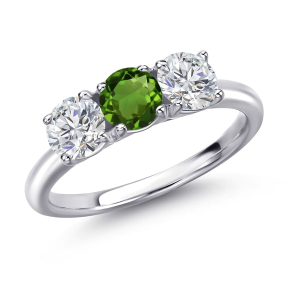 Gem Stone King 925 Sterling Silver Green Chrome Diopside and Lab Grown Diamond Engagement Ring for Women | 1.50 Cttw | Round 5MM | Gemstone Birthstone | Size 8