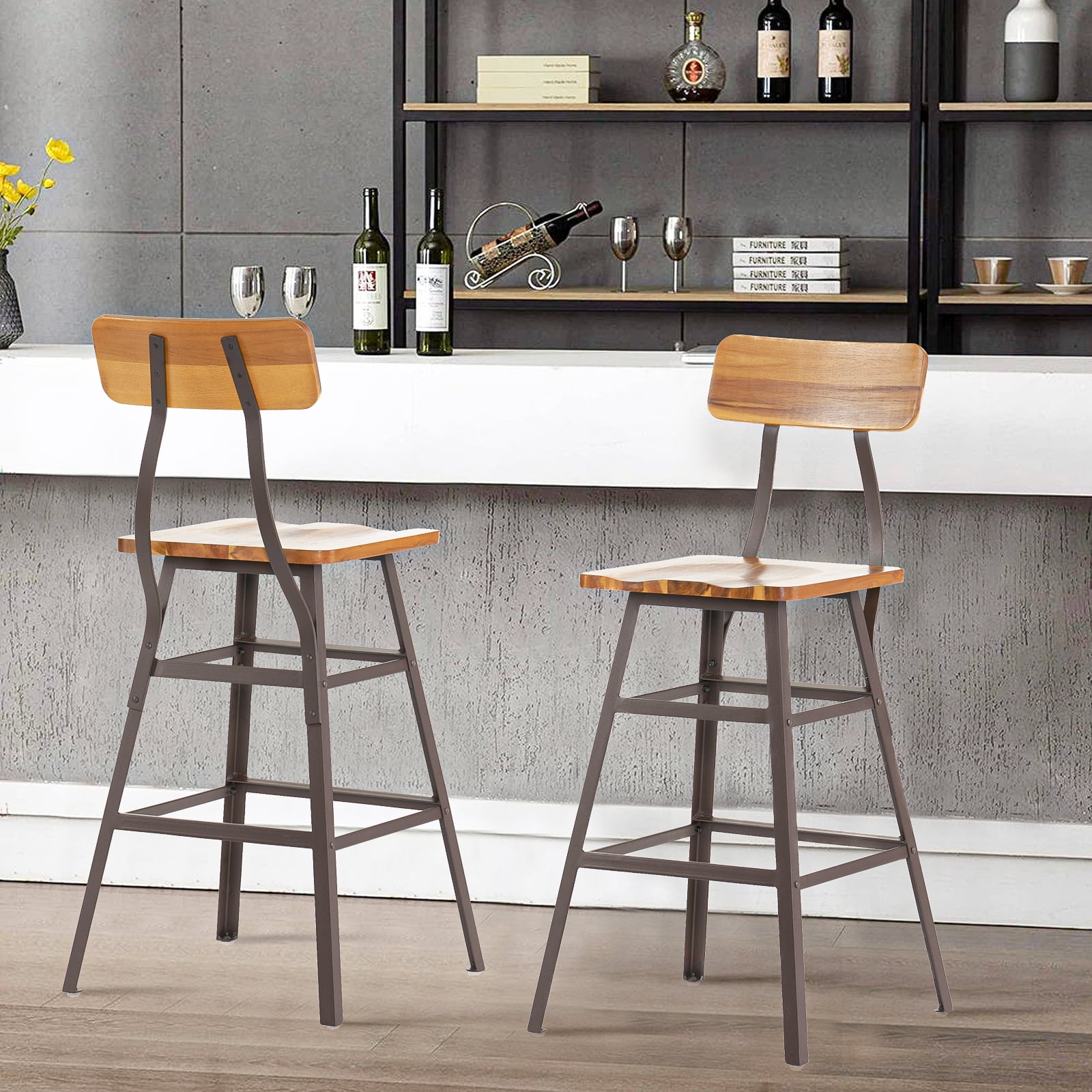 Kadyn Natural Stained Laminated Acacia Bar Chair Set of 2, Wooden Side Chair with Metal Stool Legs, Mid-Century Modern Dining Chairs for Dining Room Coffee House Kadyn Natural Stained Laminated Acacia Bar Chair Set of 2, Wooden Side Chair with Metal Stool Legs, Mid-Century Modern Dining Chairs for Dining Room Coffee House