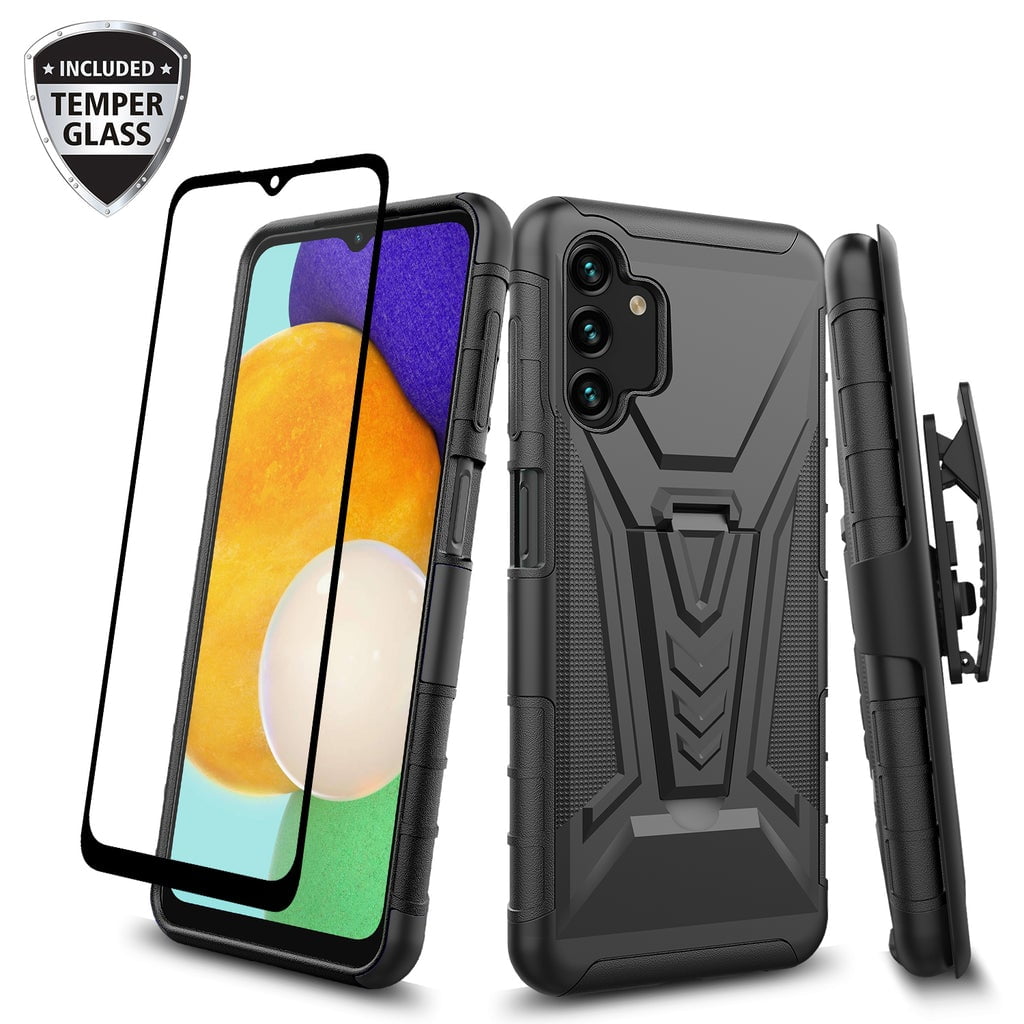 Samsung Galaxy A13 5G Belt Clip Holster Kickstand Shock Proof Phone Case with Tempered Glass Screen Protector - Black
