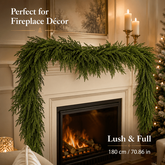 6FT Artificial Norfolk Pine Garlands, Real Touch Winter Pine Garland, Green Artificial Greenery Garland for Table, Mantle, Wall, Outdoor, Indoor Christmas Decorations