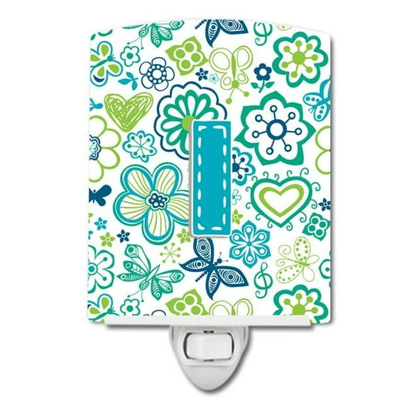 Letter I Flowers & Butterflies Teal & Blue Ceramic Night Light