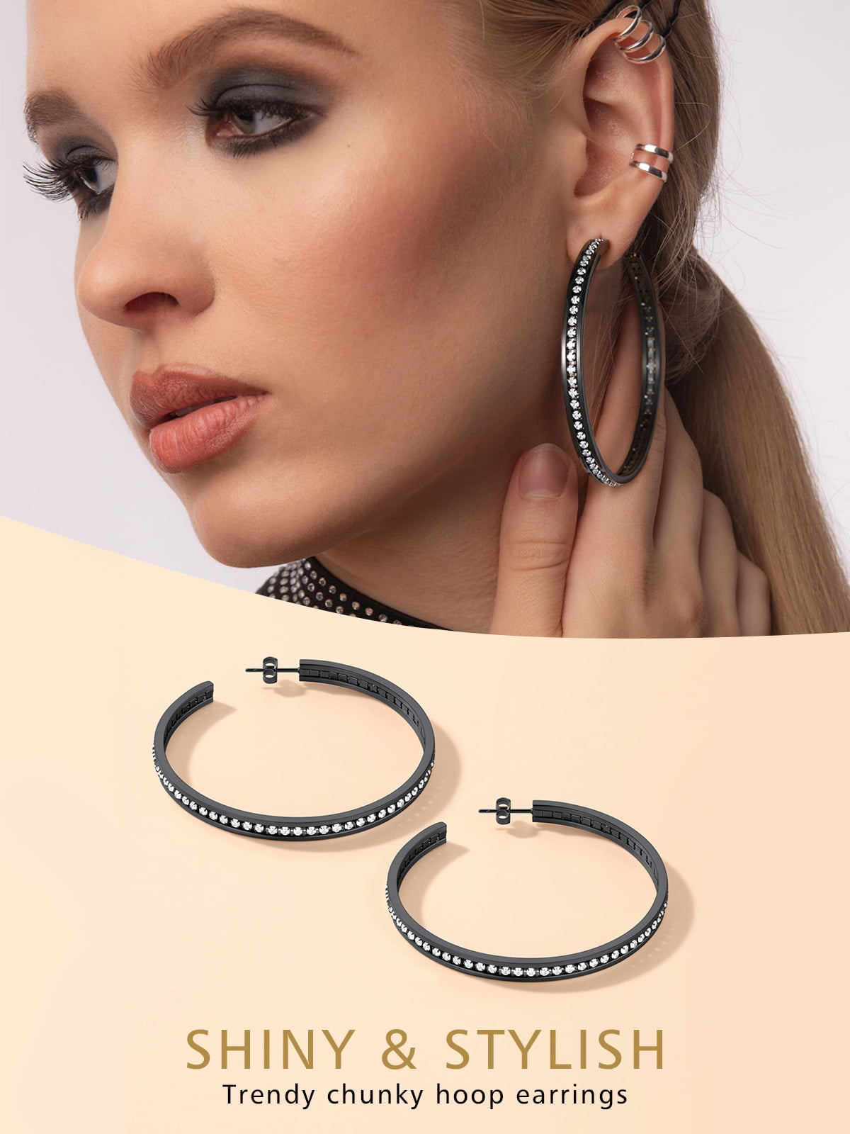 FindChic Black Hoop Earrings for Women Stainless Steel Hoops with Cubic Zirconia Inlaid Birthday Mothers Day Jewelry Gifts Her Mom Wife, 60mm