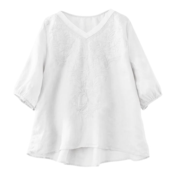 Camisas de Cuello en V de Manga Corta para las Mujeres Lino Blusas Bordadas Ajuste Suelto Verano Casual Tops de Cuello Redondo