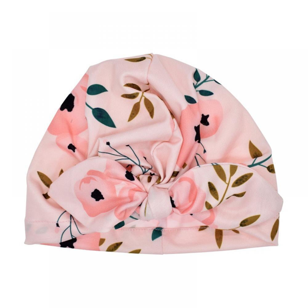 Newborn Baby Girls Floral Pattern Nursery Beanie Hospital Hat Soft With Bow Cap 