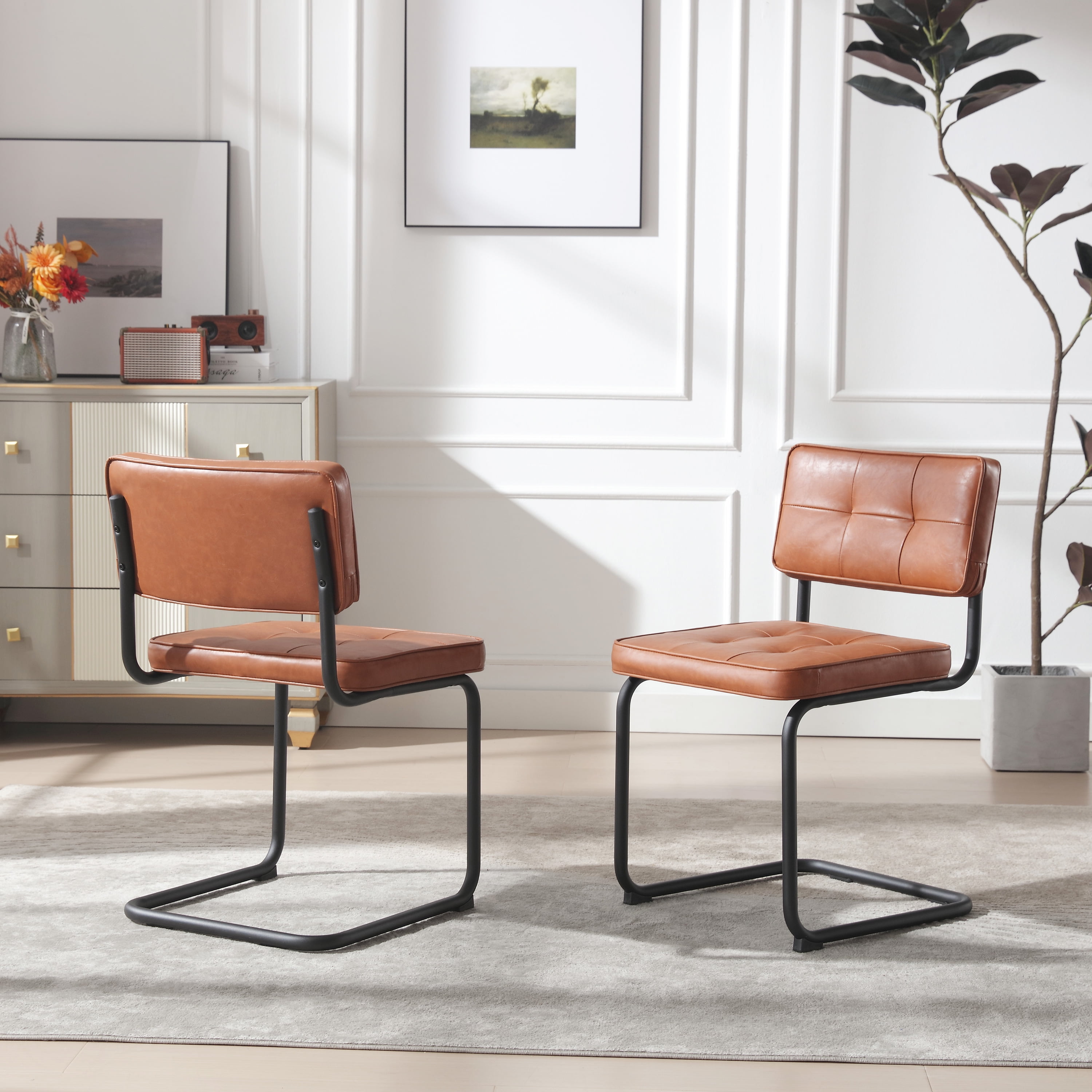 ONEVOG 19.3'' Mid-Century Modern Dining Chairs Set of 2, Faux Leather Cantilever Kitchen Chairs with Matt Black Legs for Kitchen Dining room, Brown