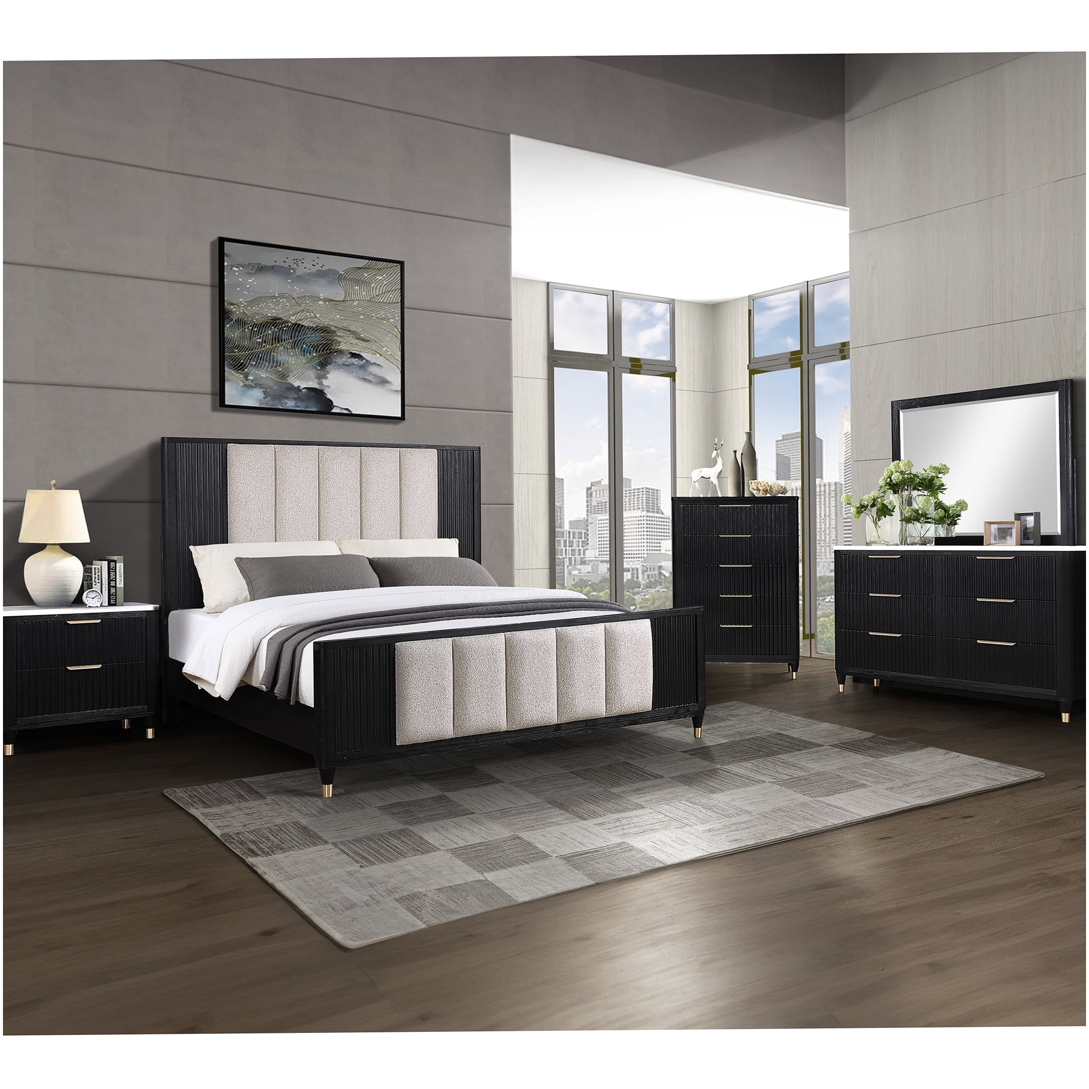 Modern Queen Bed Frame with Upholstered High Headboard, Textured Panel Design for Contemporary Bedroom
