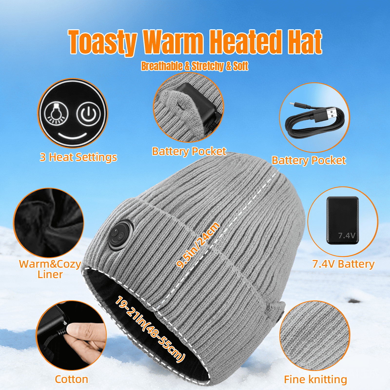 Heated Hat - 3 Temperature Settings, 7000mAh Large Battery, Breathable Stretch Fabric, Ideal for Skiing, Riding, Outdoor Work