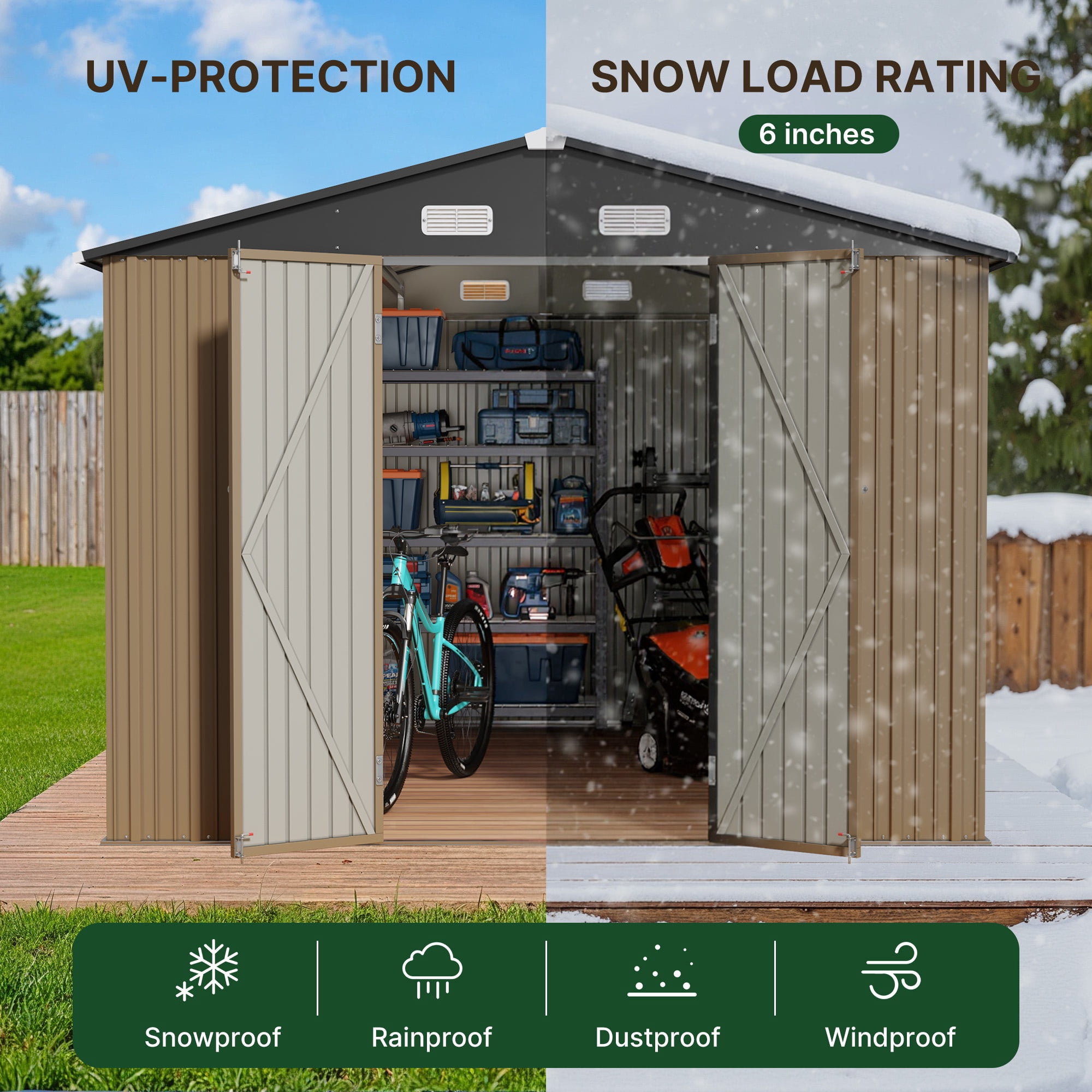 Lofka 10x10 FT Outdoor Storage Shed, Garden Metal Shed with Windproof and Rainproof for Outside, 4 Louvre Vents, Brown