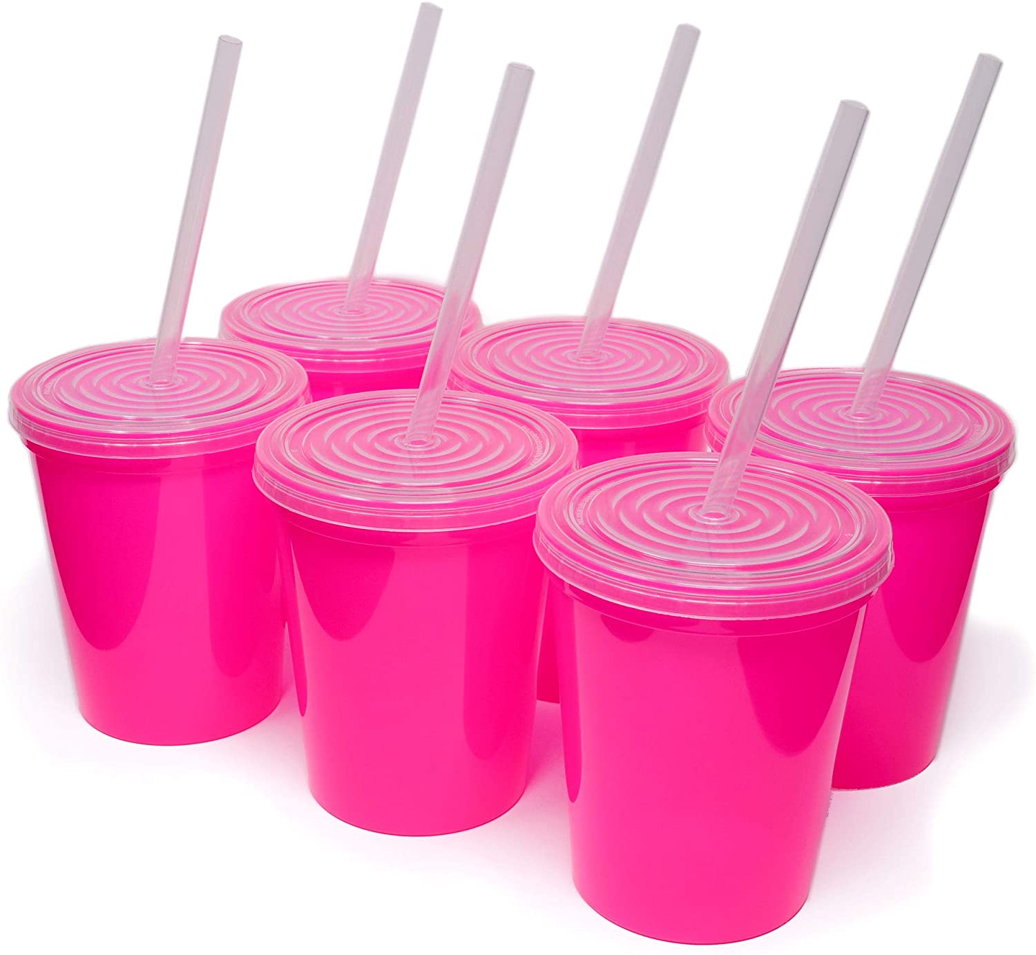 16oz Reusable Plastic Stadium Hot Pink Cups with Lids, 6 Pack, USA Made; Plastic Tumblers and