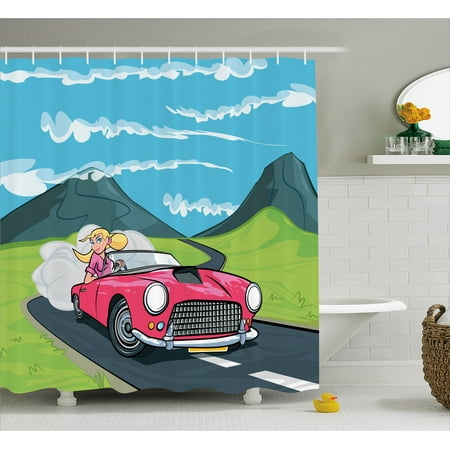 Cars Shower Curtain, Blonde Girl Driving a Sports Car Through the Country in Cartoon Style Travel Road Trip, Fabric Bathroom Set with Hooks, Multicolor, by