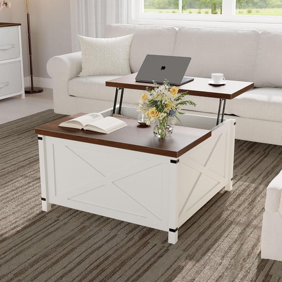 Farmhouse Coffee Table with Lift Top, 31.5" Square Rustic Cocktail Table with Storage, x-Shaped Design & Industrial Metal Accents, Sturdy Wood Center Table for Living Room