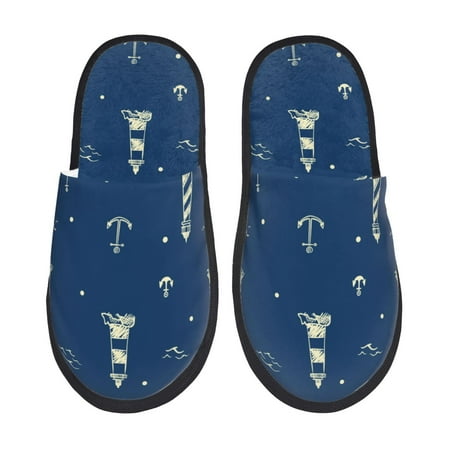 Balery Lighthouses and Anchors Slient Indoor Furry Fleece Comfort House Shoes Soft Non-Slip Home Shoes Cotton slippers House Slippers-- Medium