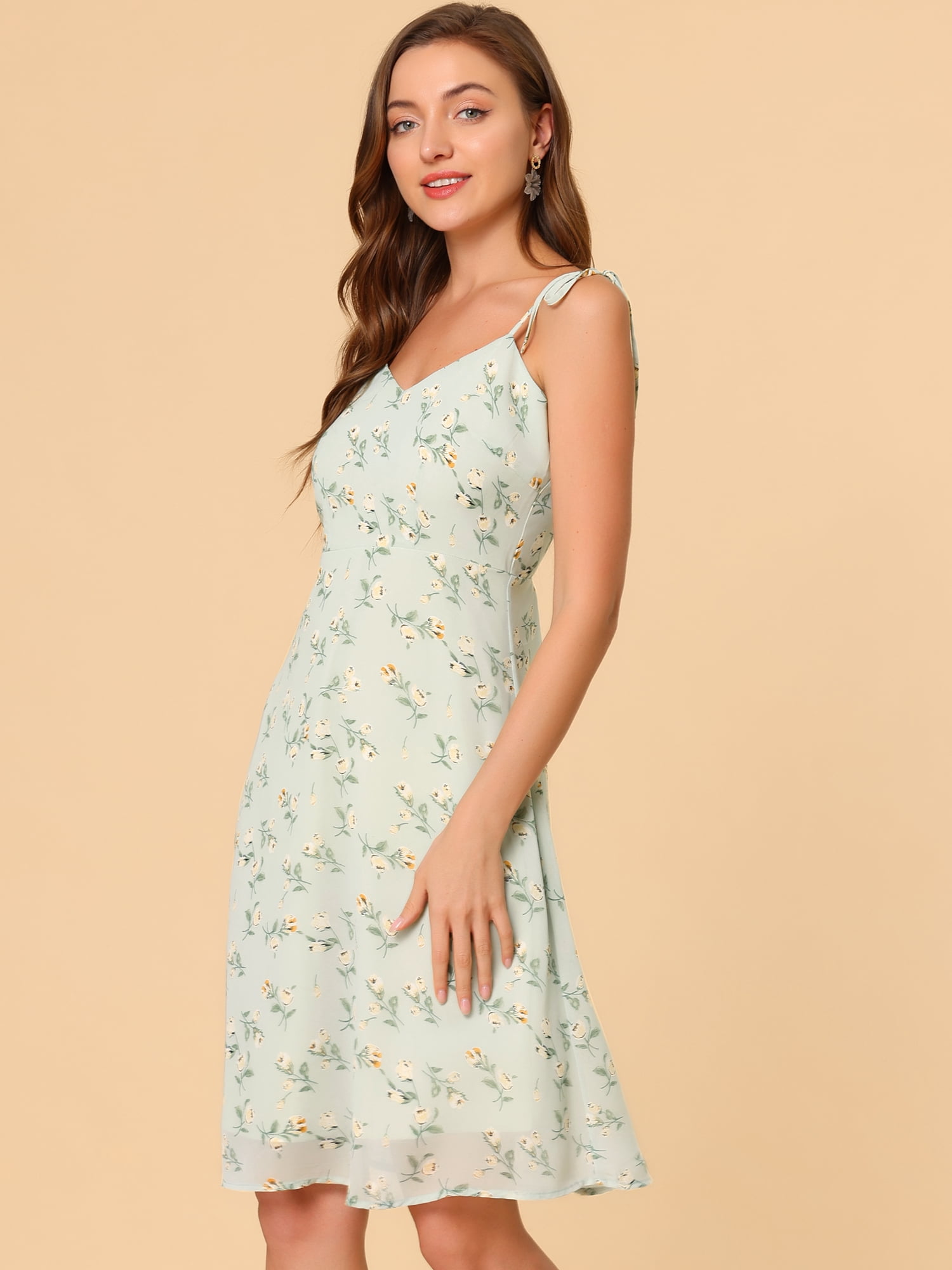 DARING DIVA Spaghetti Strap Summer Floral Print Midi Dress M Light Green