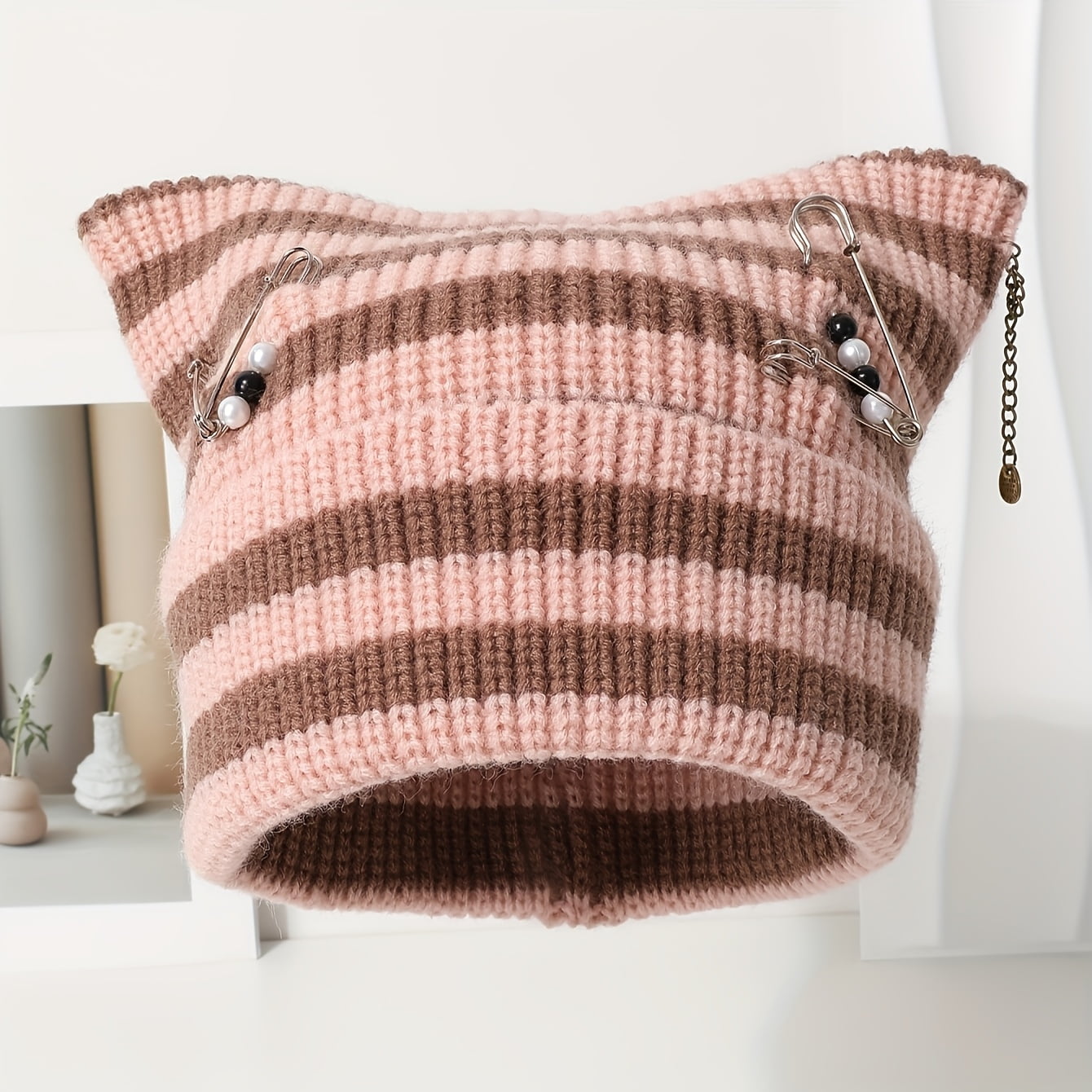 Women'S Stretchy Beanie Hat - Mint Green & Beige Striped Winter Ear Warmer with Metallic Chain-like Pins, Breathable Beanie for Cold Weather, Everyday & Formal Outfits - Cute Ear Accessory