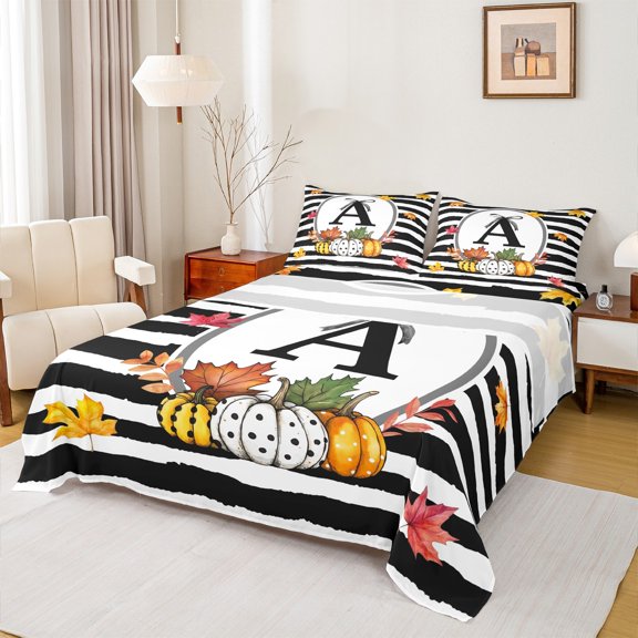 jejeloiu Bowtie Monogrammed A Twin Sheet Sets,Retro Halloween Pumpkin Twin Fitted Sheet,Black Geometric Stripes Flat Sheet For Child,Microfiber Room Decorative,3 Pieces