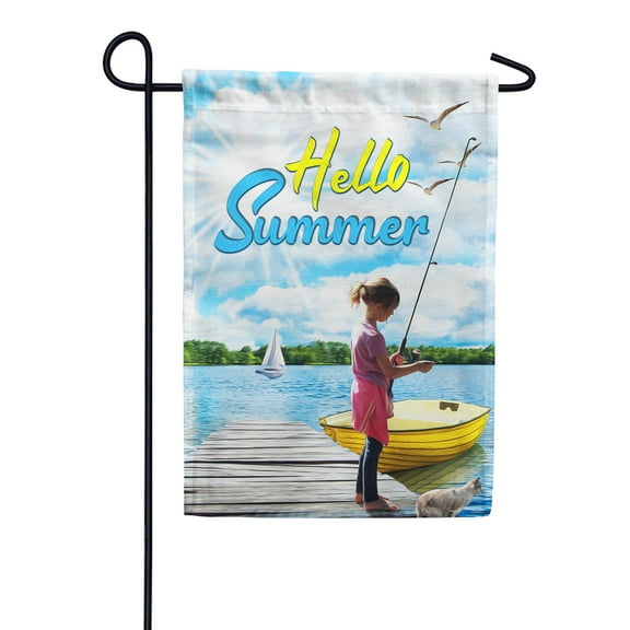 America Forever Hello Summer Lakeside Fishing Garden Flag 12.5 x 18 inches Fishing Dock Rod Boats Nautical Double Sided Seasonal Yard Outdoor Decorative Fresh Fish Lake Life Garden Flag