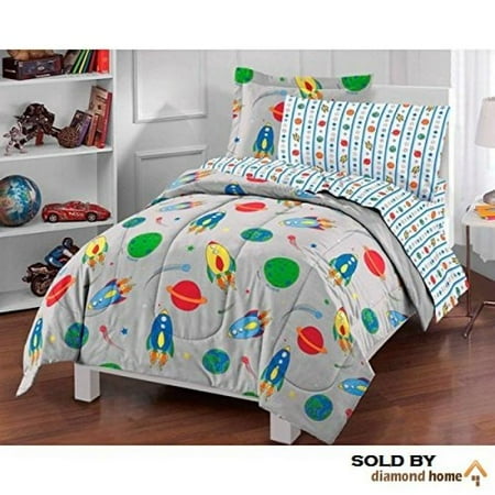 Star Rocket Twin Comforter - 5 Piece Kids Twin Size Sun Moon Stars Comforter Set, Outer Space Galaxy Invaders Space-themed Design with Stars, Detailed Planet and Rocket Design Print, Gray Grey