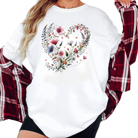 Women's Vibrant Wildflower Heart With Daisies Botanical Floral Art Graphic Casual T Shirt Short Sleeve Round Neck Top White S-5XL