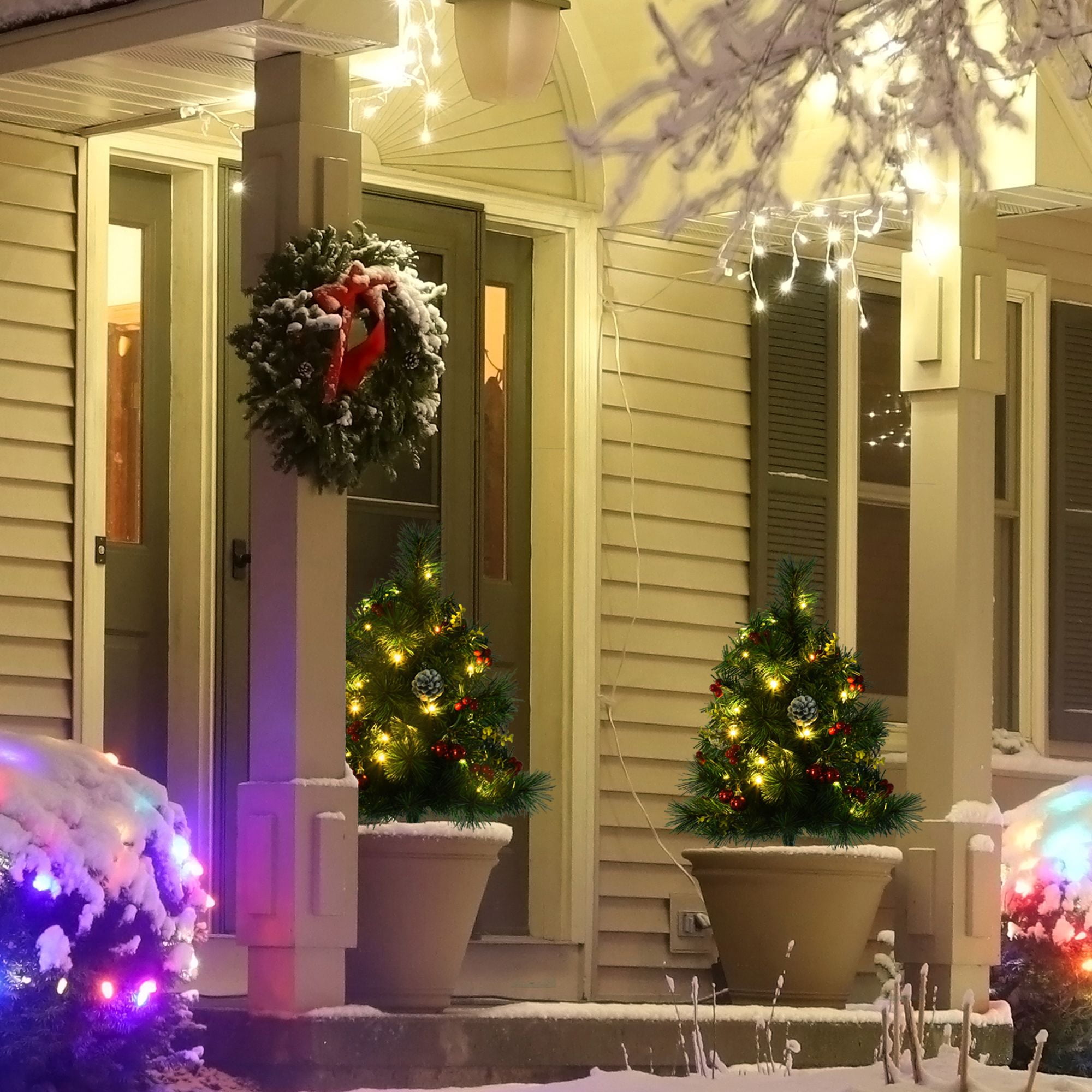 Artificial Christmas Trees 2-Pack, Pre-Lit with 24 Warm White Lights, 8 Lighting Modes, 29.5 in, Outdoor Holiday Decor