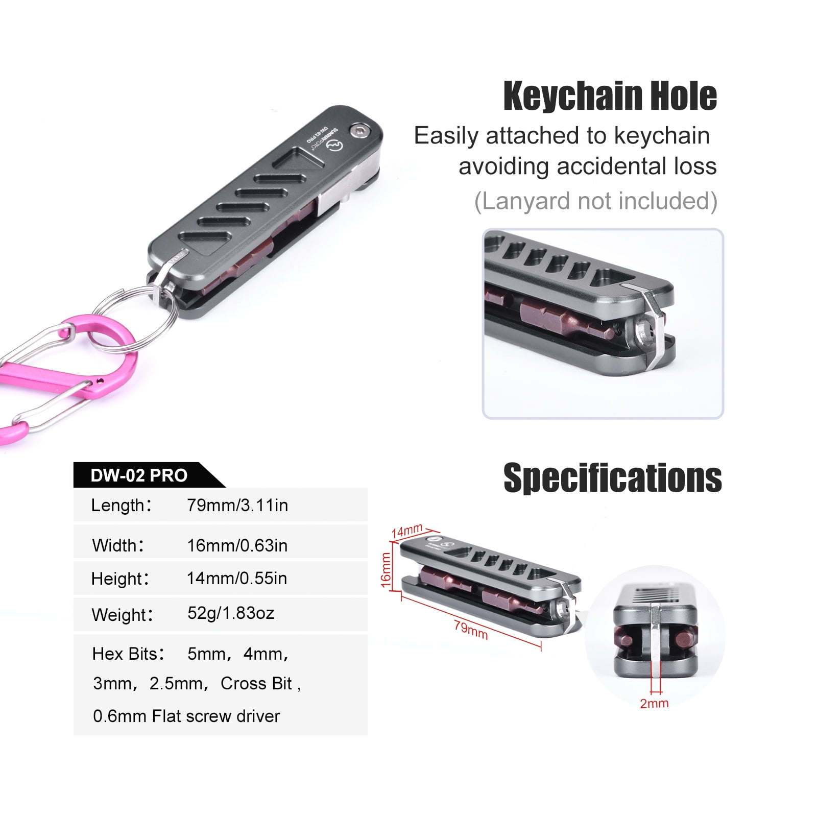 UNWAYFOTO DW-02 PRO Folding Tool Set with Hex Key Wrenches Stainless Steel 2.5/3/4/5mm, Phillips and Flat Head, Edc Multitool Keychain Screwdriver