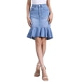 thumbnail image 1 of Falda de mezclilla ajustada con volantes en la parte inferior, de longitud a la rodilla, para mujer, color azul cielo, 1 of 6