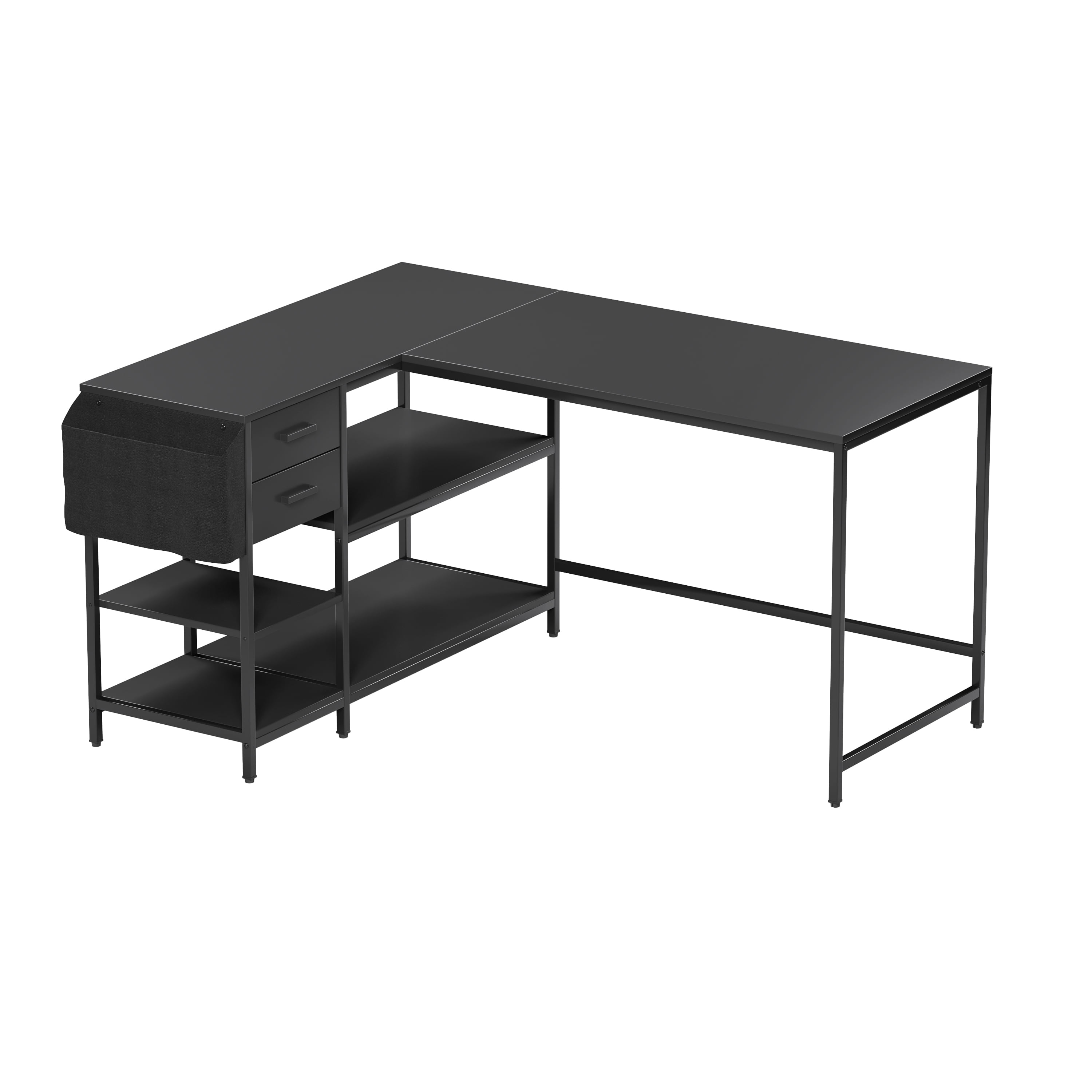 Modern L-Shaped Desk with Storage, Corner Computer Desk for Home & Office with, 2 Drawers, Open Storage Shelves, Fabric Organizer & Sturdy Metal Frame, Black