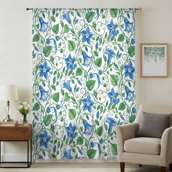 Blue Green Botanical Sheer Curtains 84 Inches Long, Watercolor Spring Floral Summer Light Filering Curtains, Breathable Simi Curtain Privacy Drapes for Living Room Lightweight Window Treatment