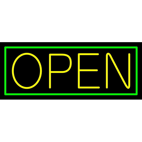 Yellow Open With Green Border LED Neon Sign 13 x 32 - inches, Clear Edge Cut Acrylic Backing, with Dimmer - Bright and Premium built indoor LED Neon Sign for storefront.