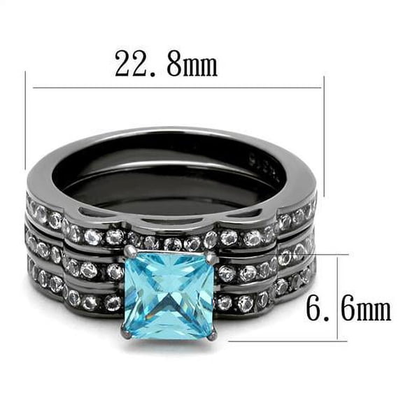 IP Light Black (IP Gun) Stainless Steel Ring with AAA Grade CZ in Sea Blue for Women Sea Blue Stone Color Style TK2748 Size 10