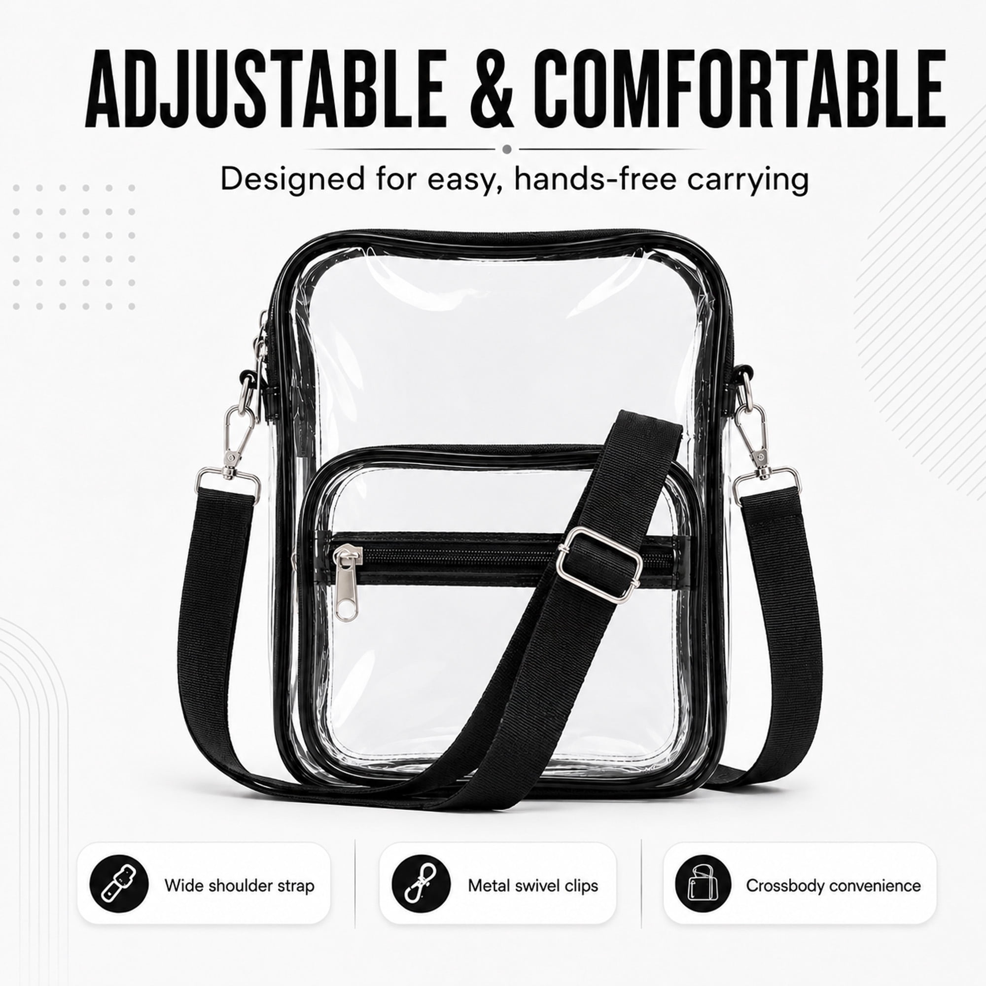 Clear Crossbody Bag with Adjustable Strap, Transparent PVC Shoulder Bag with Dual Front Zip Pockets for Concerts, Events & Travel